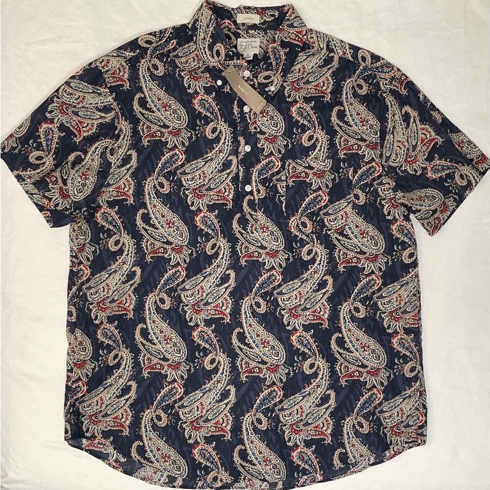 NWT J. Crew Men's Classic Navy and Red Large Paisley Button Popover Shirt